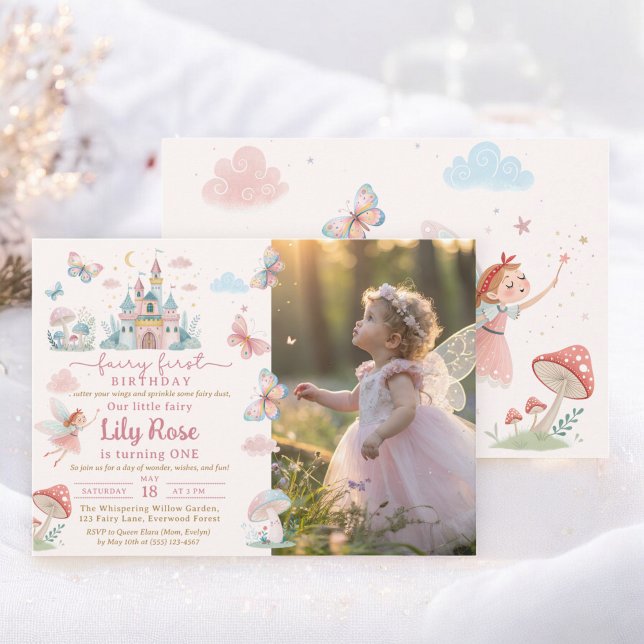 Fairy First Birthday Pink Whimsical Castle Photo Invitation (Fairy First Birthday Pink Whimsical Castle Photo Invitation)