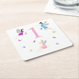 Fairy First Birthday Square Paper Coaster