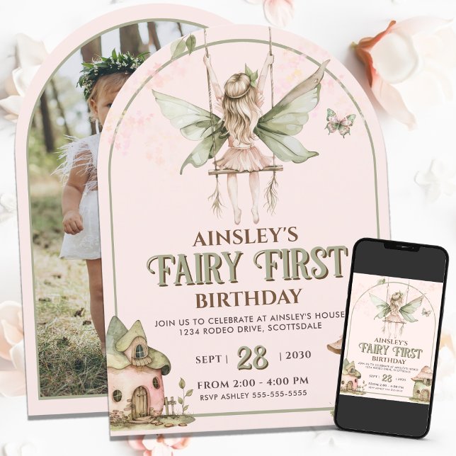 Fairy First Custom Photo Pink Sage 1st Birthday Invitation (Creator Uploaded)