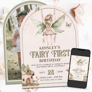 Fairy First Custom Photo Pink Sage 1st Birthday Invitation