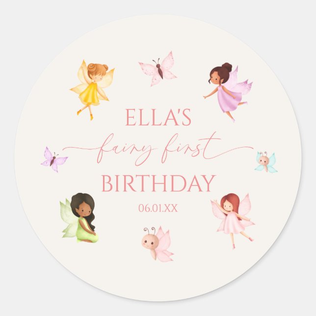 Fairy First Enchanted Fairies 1st Birthday Party Classic Round Sticker (Front)