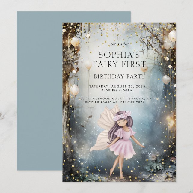Fairy First Enchanted Forest Girl 1st Birthday Invitation (Front/Back)