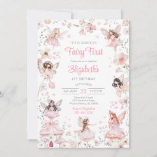 Fairy First Girl Floral 1st Birthday Invitation