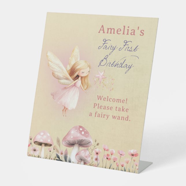 Fairy First Girl's 1st Birthday Party Pedestal Sign (Front)