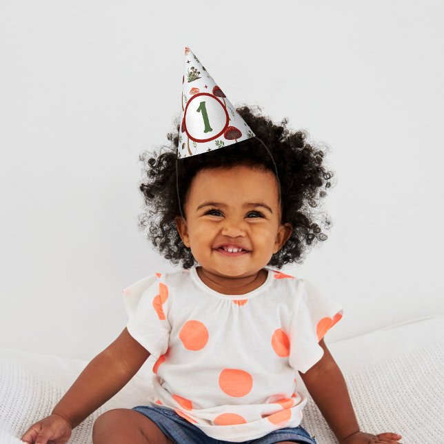 Fairy First Mushroom Forest Hedgehog Pattern Party Hat (Paper Hat - Fairy first birthday)