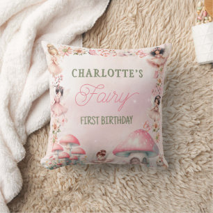 Fairy First Mushroom House Pink Birthday Cushion