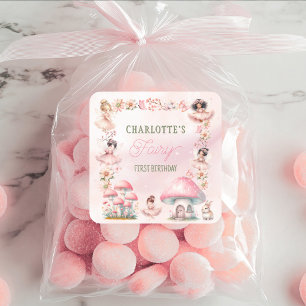 Fairy First Mushroom House Pink Birthday Square Sticker