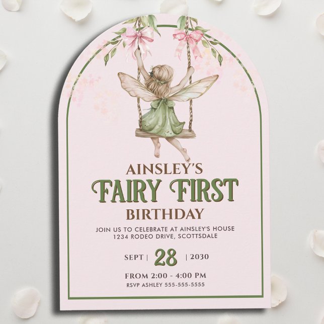 Fairy First Pastel Pink Bow Girls 1st Birthday Invitation (Creator Uploaded)