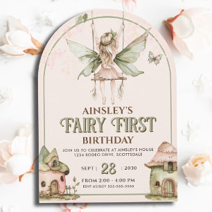 Fairy First Personalised Pink Sage 1st Birthday Invitation