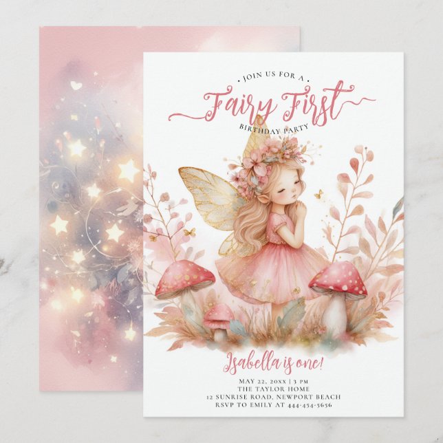 Fairy First Pink Gold Mushrooms Girls 1st Birthday Invitation (Front/Back)