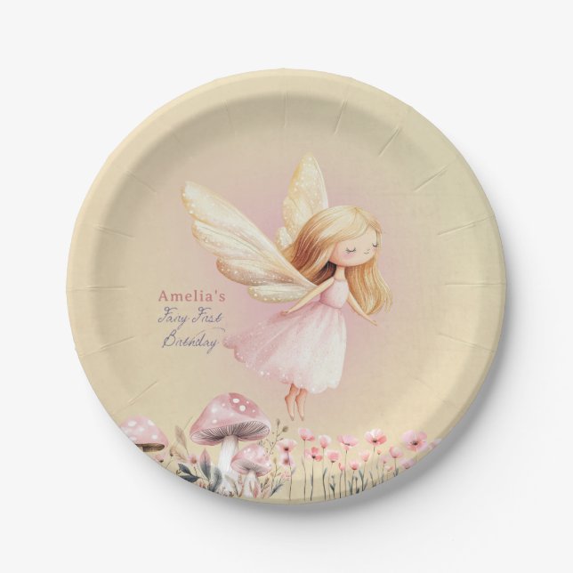 Fairy First Theme Cute Girl's 1st Birthday Party Paper Plate (Front)