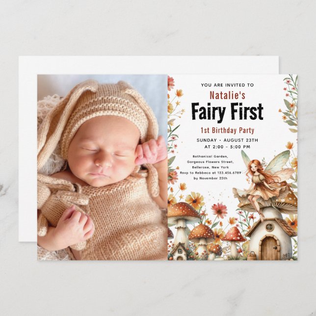 Fairy First Theme Girl's 1st Birthday Party Invitation (Front/Back)