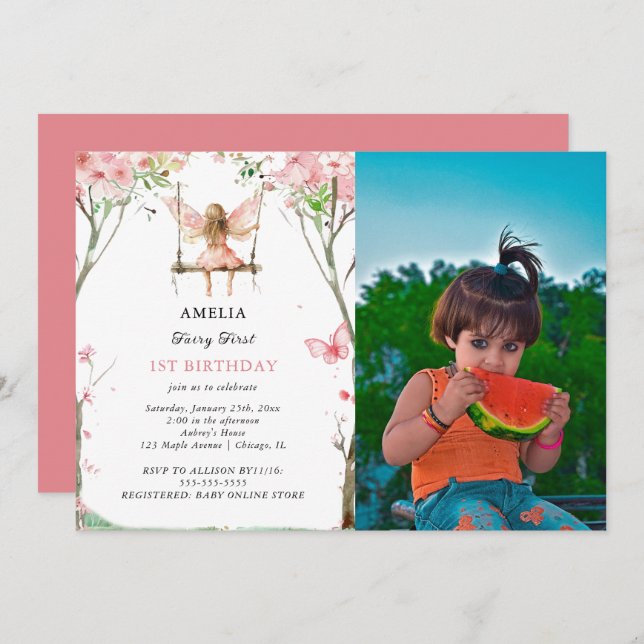 Fairy First Watercolor Floral Girls 1st Birthday Invitation (Front/Back)