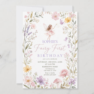 Fairy First Watercolor Floral Girls 1st Birthday Invitation