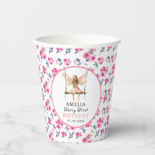 Fairy First Watercolor Floral Girls 1st Birthday Paper Cups
