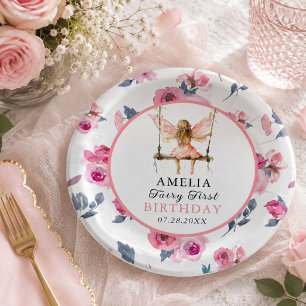 Fairy First Watercolor Floral Girls 1st Birthday Paper Plate
