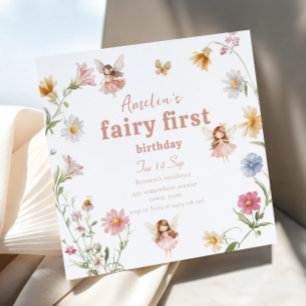 Fairy First Watercolor Widflower Girls Birthday Invitation