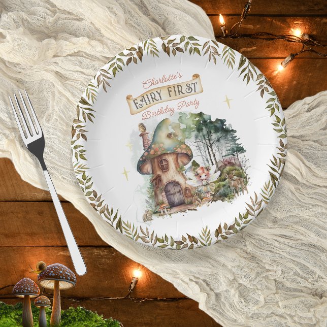 Fairy First Woodland Animals Mushroom 1st Birthday Paper Plate (Fairy First Woodland Animals Mushrooms Girl's 1st Birthday Party Round Paper Plates)