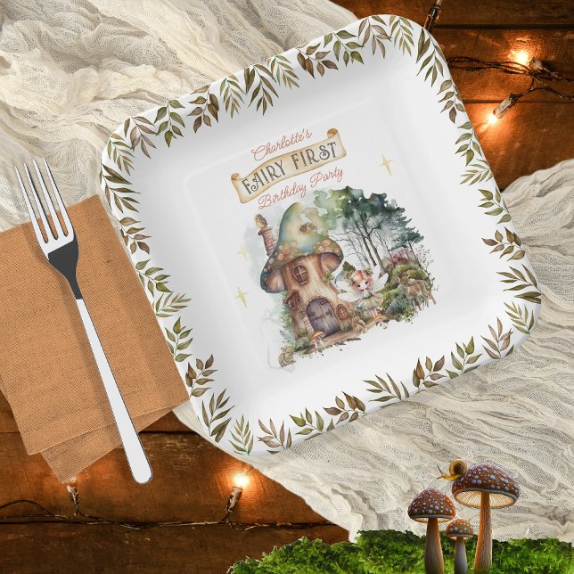 Fairy First Woodland Animals Mushroom 1st Birthday Paper Plate (Fairy First Woodland Animals Mushrooms Girl's 1st Birthday Party Square Paper Plates)
