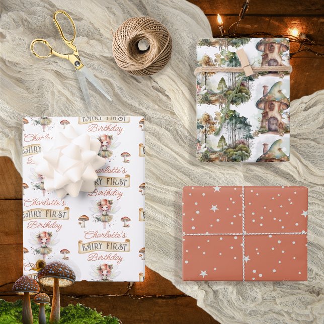 Fairy First Woodland Animals Mushroom 1st Birthday Wrapping Paper Sheet (Fairy First Woodland Animals Mushrooms Girl's 1st Birthday Wrapping Paper Trio)