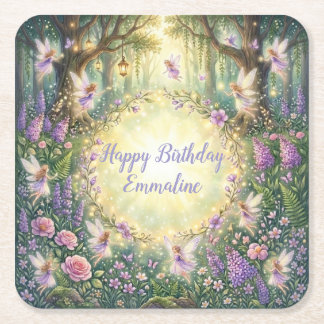 Fairy Floral Garden Purple Birthday Square Paper Coaster