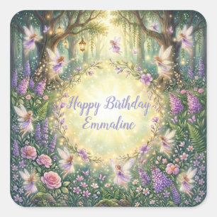 Fairy Floral Garden Purple Birthday Square Sticker
