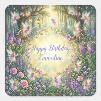 Fairy Floral Garden Purple Birthday Square Sticker