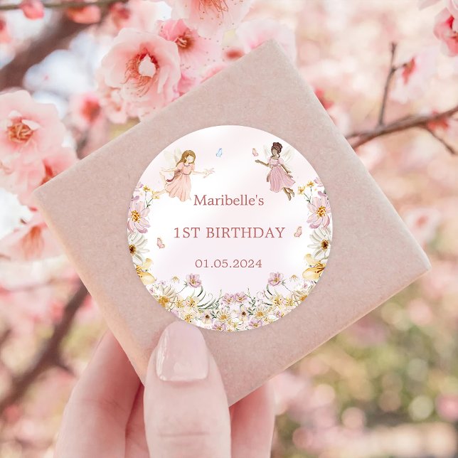 Fairy Floral Girl Birthday Party Classic Round Sticker (Creator Uploaded)