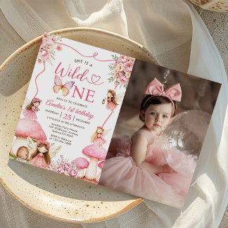 Fairy Floral Girls 1st Birthday Party Photo Invitation