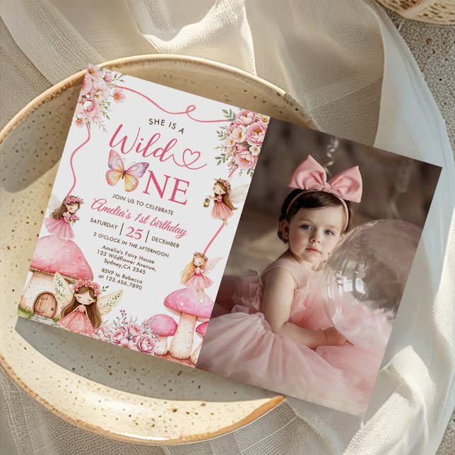Fairy Floral Girls 1st Birthday Party Photo Invitation (Creator Uploaded)