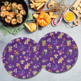 Fairy Flower Butterfly Mushroom Purple Themed Paper Plate