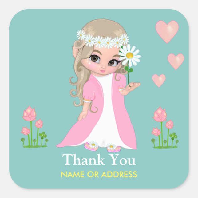 Fairy & Flowers Thank You on Light Blue Sticker (Front)