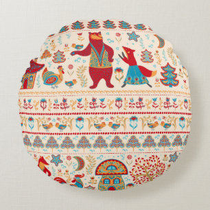 Fairy Forest Animals: Beige Background Round Cushion