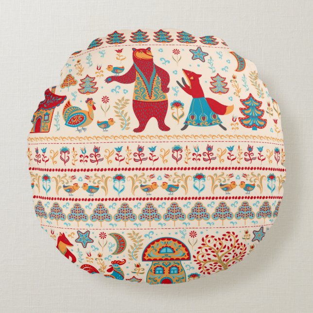 Fairy Forest Animals: Beige Background Round Cushion (Front)