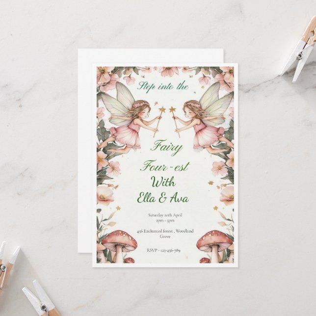 Fairy FOUR-est Birthday Invitation – Editable Twin (Front/Back In Situ)
