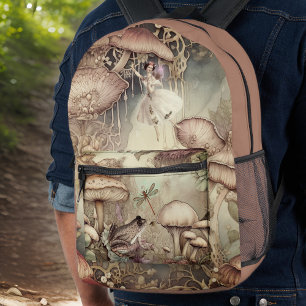 Fairy Frog Mushroom Dragonfly Cottagecore Monogram Printed Backpack