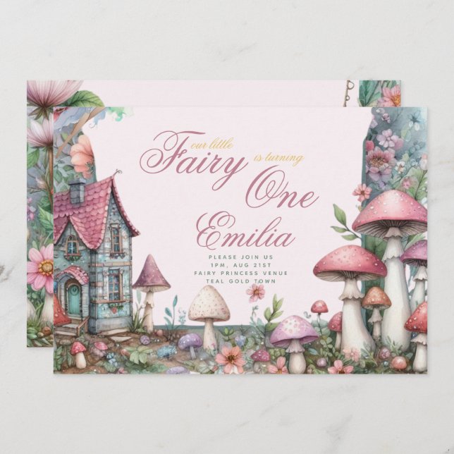 Fairy Garden 1st Birthday or EDIT AGE Teal Gold Invitation (Front/Back)
