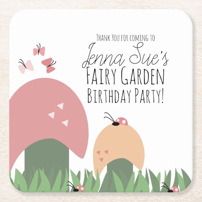 Fairy Garden Mushrooms Ladybugs Butterflies    Square Paper Coaster (Front)