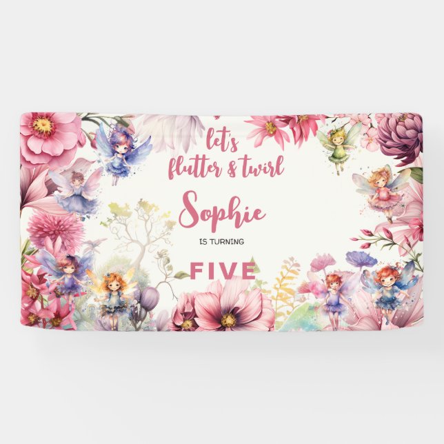 Fairy garden watercolor kids birthday banner (Horizontal)