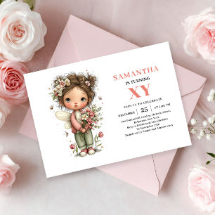Fairy Girl 7th Birthday Whimsical Pink Floral Invitation