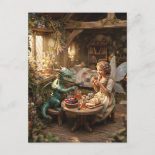 Fairy Girl and Little Green Dragon Having Tea Postcard