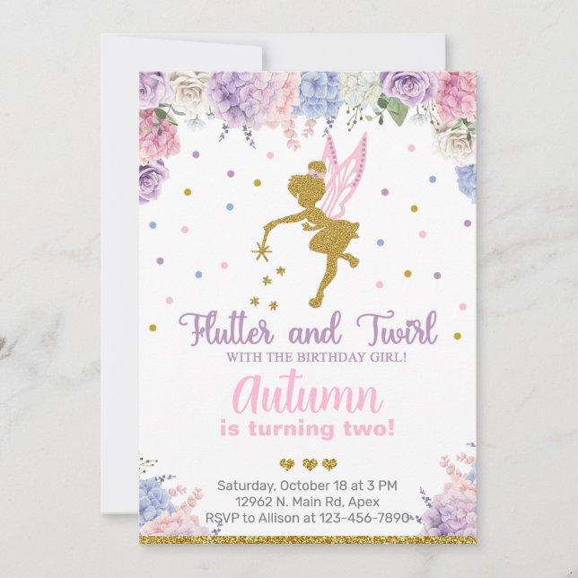 Fairy girl birthday invite, flowers gold any age.  invitation (Front)