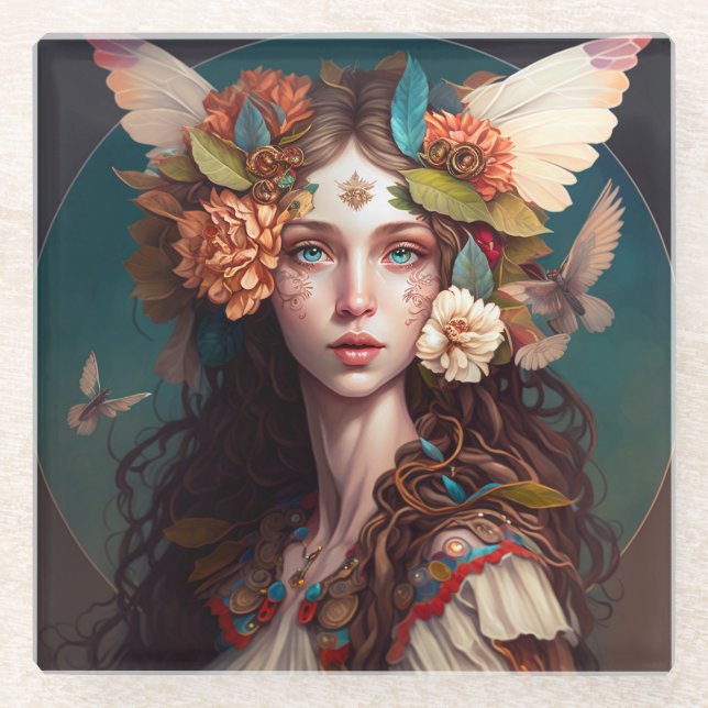 Fairy Girl Fantasy Art Glass Coaster (Front)