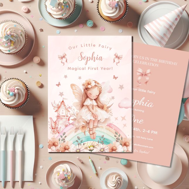 Fairy Girl Magical Teapot Rainbow First Birthday Invitation (Creator Uploaded)