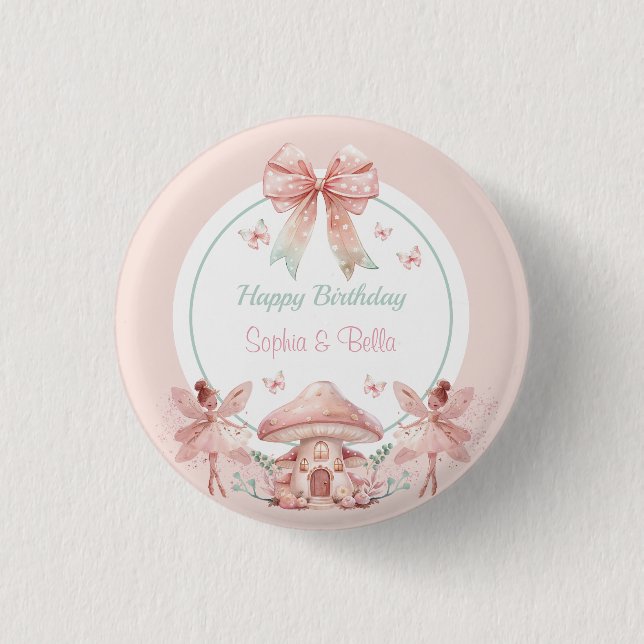 Fairy Girls Mushroom House Ribbon Twins Birthday 3 Cm Round Badge (Front)