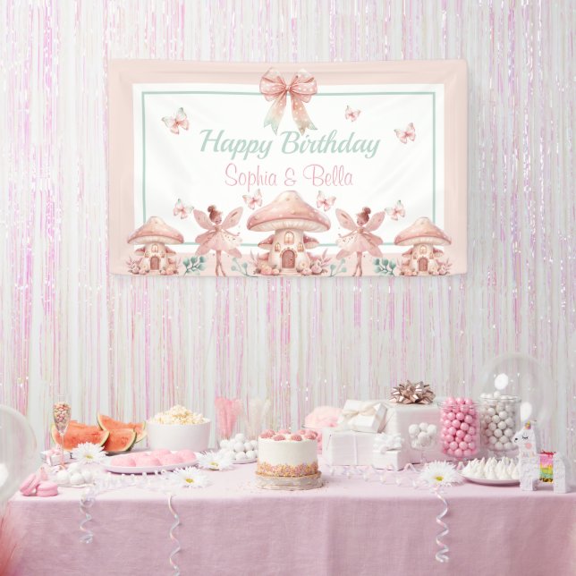 Fairy Girls Mushroom House Ribbon Twins Birthday Banner (Party)