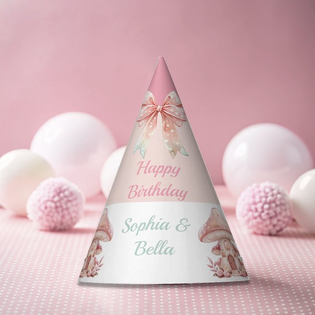 Fairy Girls Mushroom House Ribbon Twins Birthday Party Hat (Creator Uploaded)