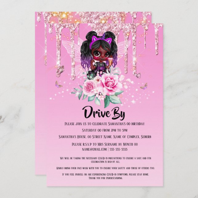 Fairy glitter African American girl pink birthday Invitation (Front/Back)