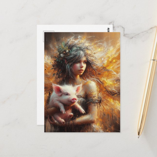 Fairy Holding a Young Pig Postcard (Front/Back In Situ)