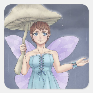 Fairy Holding Mushroom Umbrella in the Rain Square Sticker